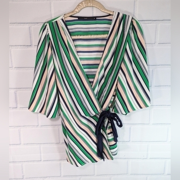 Hazel Green/Navy Striped Wrap Top Full Sleeves - Picture 1 of 6